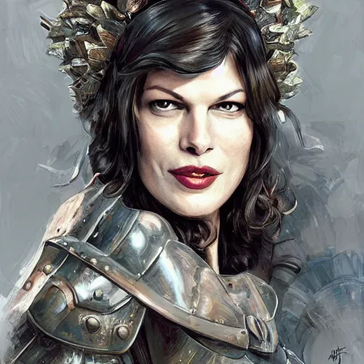 Image similar to superman as an attractive young smiling woman played by milla jovovich wearing a mushroom crown and heavy armoured wedding dress, face portrait, hd shot, digital portrait, elegant, beautiful, fantasy art, artstation, comic style, by artgerm, guy denning, jakub rozalski, magali villeneuve and charlie bowater