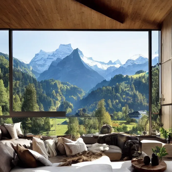 Image similar to fantastical living room with switzerland landscape in the window