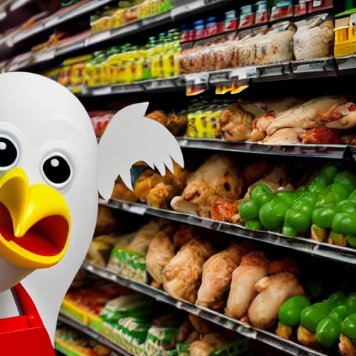 Prompt: anthropomorphic chicken man with chicken arms carefully considering chicken options in grocery store aisle, 8K hyper realistic render,