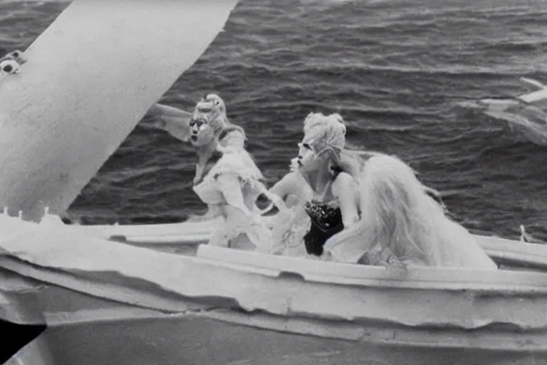 Prompt: lady gaga fighting nicki minaj on the titanic as it's sinking canon, highly realistic. high resolution. highly detailed. dramatic. 8 k. 4 k.