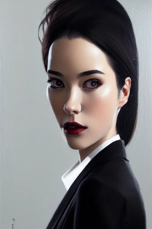 Image similar to a ultradetailed beautiful portrait panting of a stylish woman wearing a black loose fit suit with a tie, oil painting, by ilya kuvshinov, greg rutkowski and makoto shinkai, trending on artstation