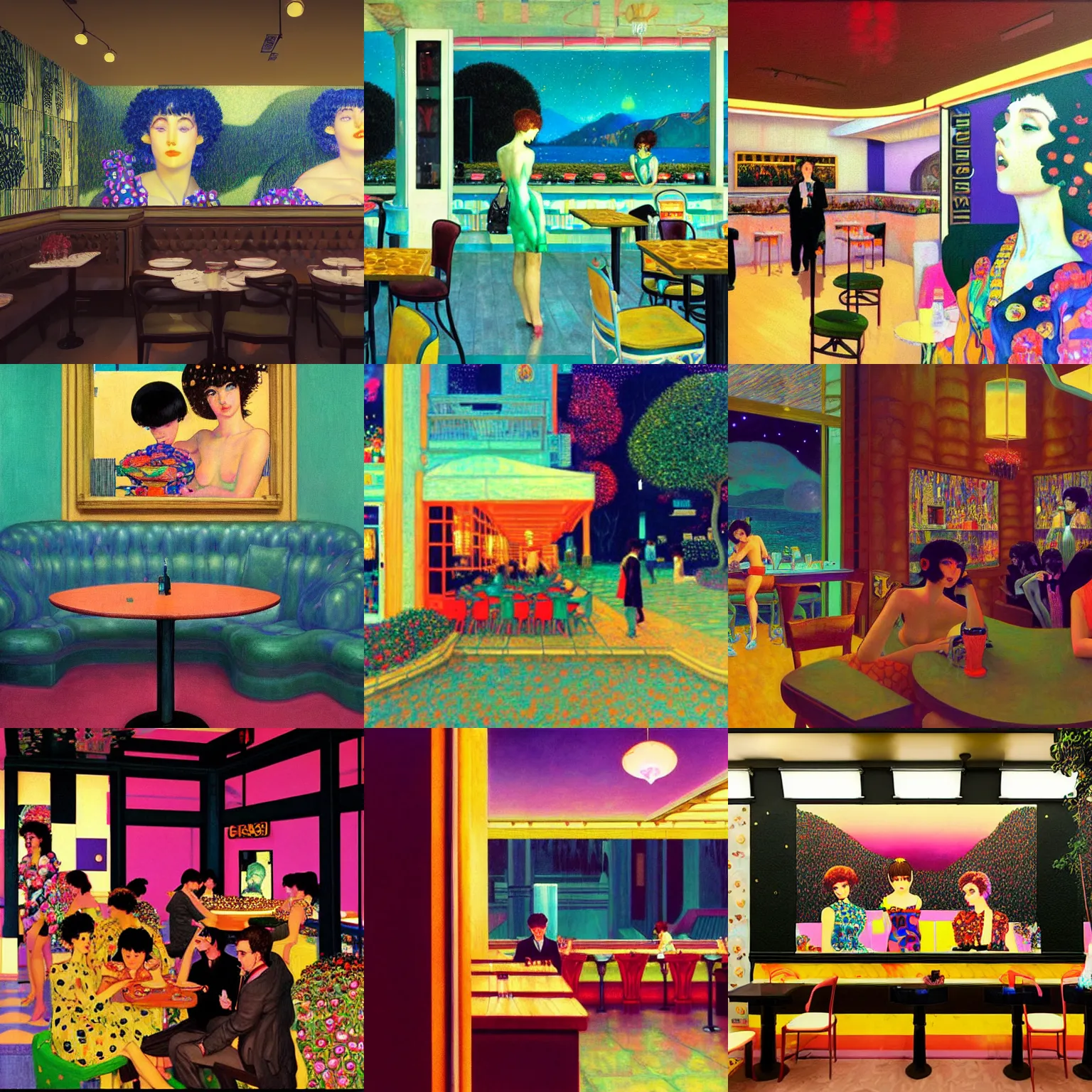 Prompt: A vaporwave cafe painted by Ilya Kuvshinov and Gustav Klimt and Edward Hopper