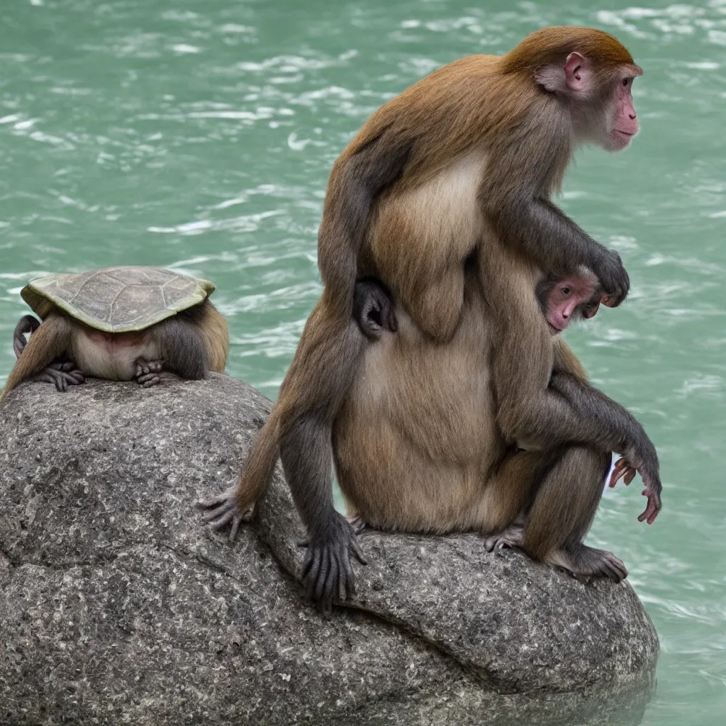 Image similar to a monkey sitting on the back of a turtle