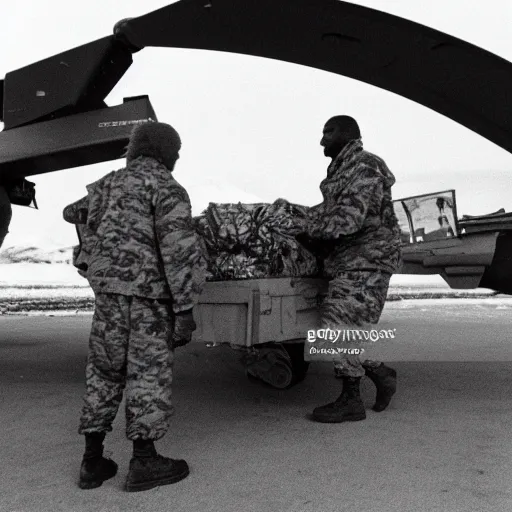 Image similar to closeup 3 5 mm film uhd 8 k photograph of middle aged caucasian men in camo unloading cargo from a black military 1 9 8 2 helicopter at a top secret military base in antarctica