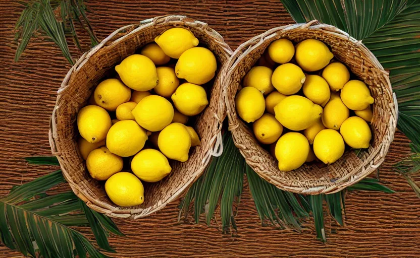 Prompt: a basket of lemons, surrounded by palm leaves, photography