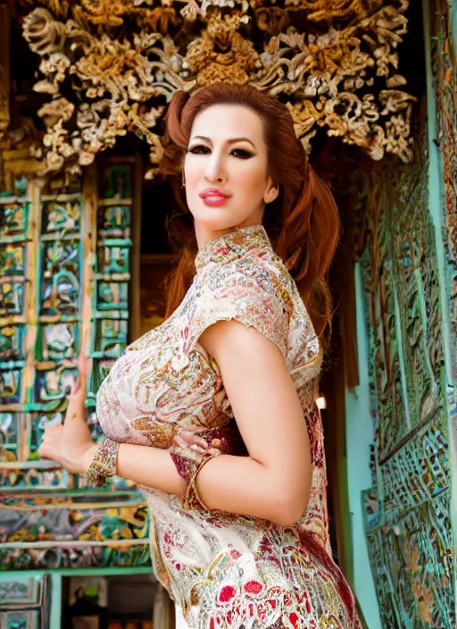 Image similar to portrait of jordan carver wearing kebaya in bali temple, by charlotte grimm, natural light, detailed face, beautiful features, symmetrical, canon eos c 3 0 0, ƒ 1. 8, 3 5 mm, 8 k, medium - format print,