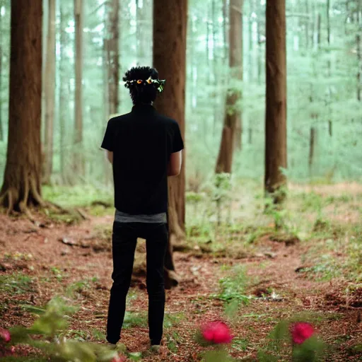 Image similar to kodak portra 4 0 0 photograph of a skinny goth guy standing in a dark forest, back view, flower crown, moody lighting, telephoto, 9 0 s vibe, blurry background, vaporwave colors, faded!,