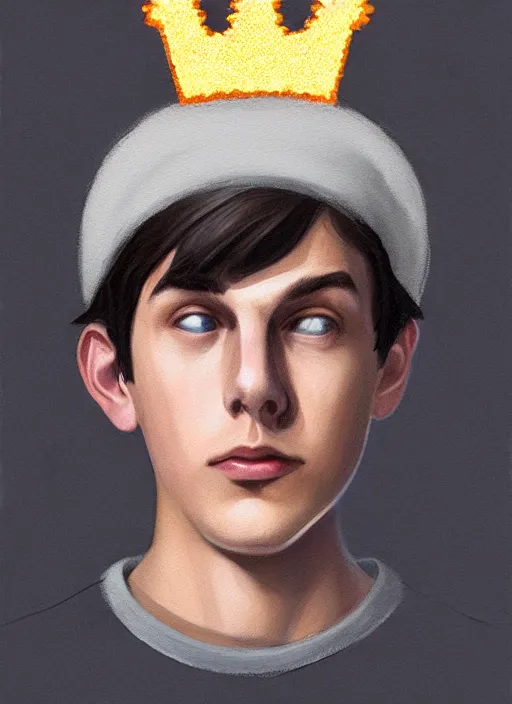 Image similar to portrait of teenage jughead jones wearing a light grey crown, photorealistic, crown, sweater with letter s on it, hamburger, eyes closed, crown, black hair, intricate, elegant, glowing lights, highly detailed, digital painting, artstation, concept art, smooth, sharp focus, illustration, art by wlop, mars ravelo and greg rutkowski