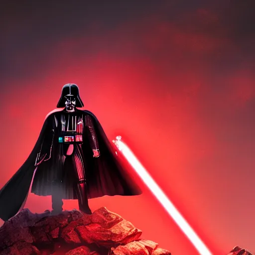 Prompt: darth vader piercing his red lightsaber into the chest of luke skywalker on top a mountain, wide angle shot, diffuse lighting, fantasy, intricate, elegant, highly detailed, lifelike, photorealistic, smooth, sharp focus, a 2 4! film cinematography, cinematic, hyper realism, high detail,