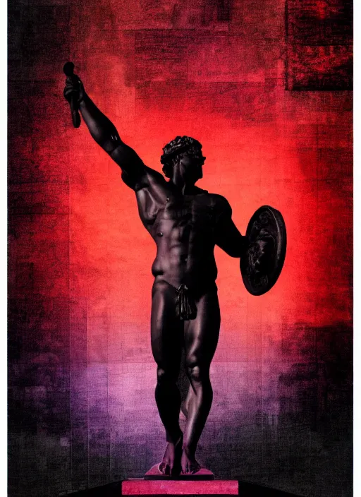 Image similar to black design poster showing a statue of hercules, black background with very subtle red and purple design elements, powerful, nekro, vito acconci, thin straight lines, dark, glitch art, neo vaporwave, gritty, layout frame, square, trending on artstation