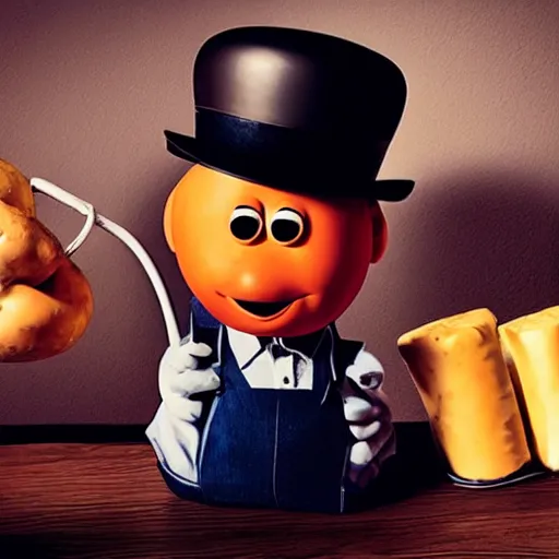 Prompt: Mr Potato Head as a drug dealer, dramatic, sharp focus, intense detail, noir, cinematic