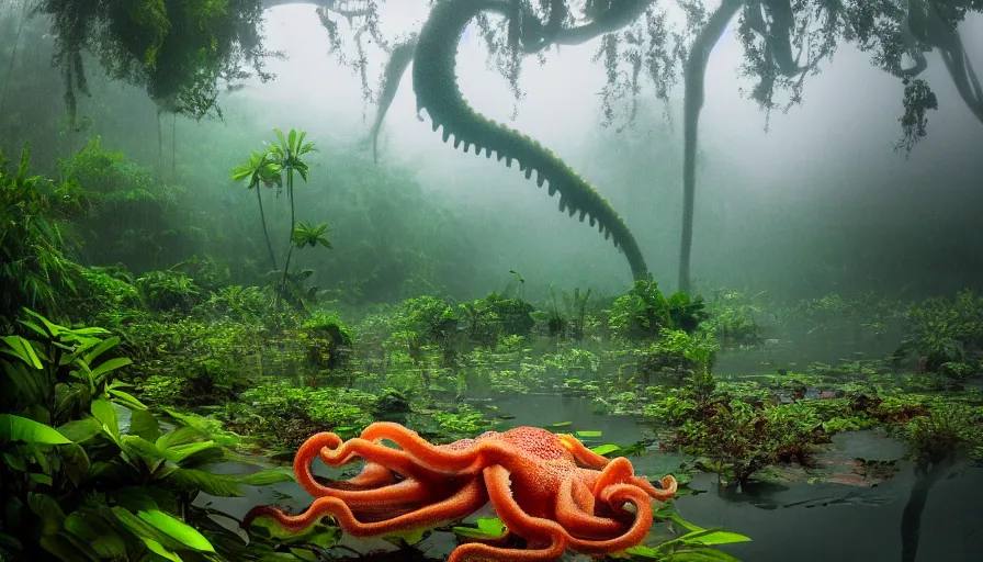 Image similar to a rainy foggy jungle, river with low hanging plants, there is a giant coral colored octopus in the water, great photography, ambient light