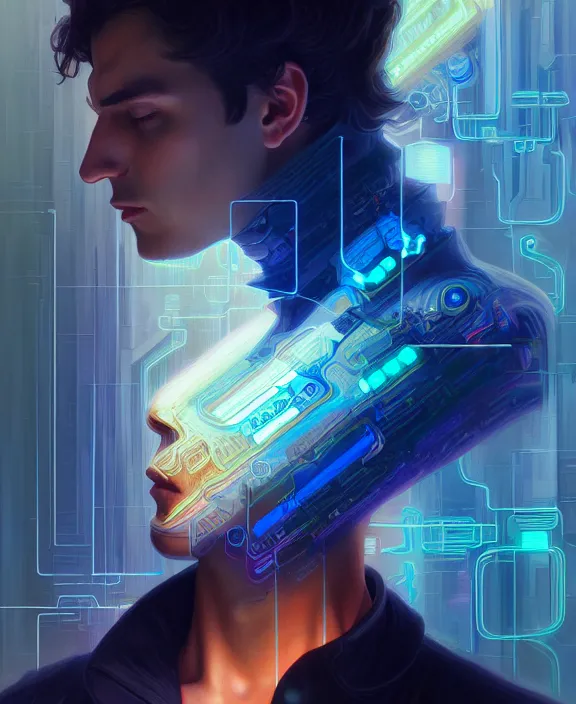 Image similar to a whirlwind inside the metaverse, guy, male, man, hologram, half body, neurochip, android, cyborg, cyberpunk face, by loish, d & d, fantasy, intricate, elegant, highly detailed, colorful, digital painting, artstation, concept art, art by artgerm and greg rutkowski and alphonse mucha