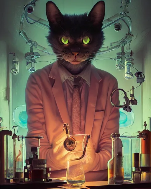 Prompt: highly detailed surreal vfx portrait of a mad cat scientist in weird laboratory, stephen bliss, unreal engine, greg rutkowski, loish, rhads, beeple, makoto shinkai and lois van baarle, ilya kuvshinov, rossdraws, tom bagshaw, alphonse mucha, global illumination, detailed and intricate environment