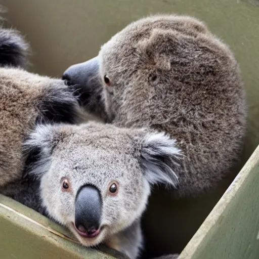 Prompt: group of koala bears inside dumpster