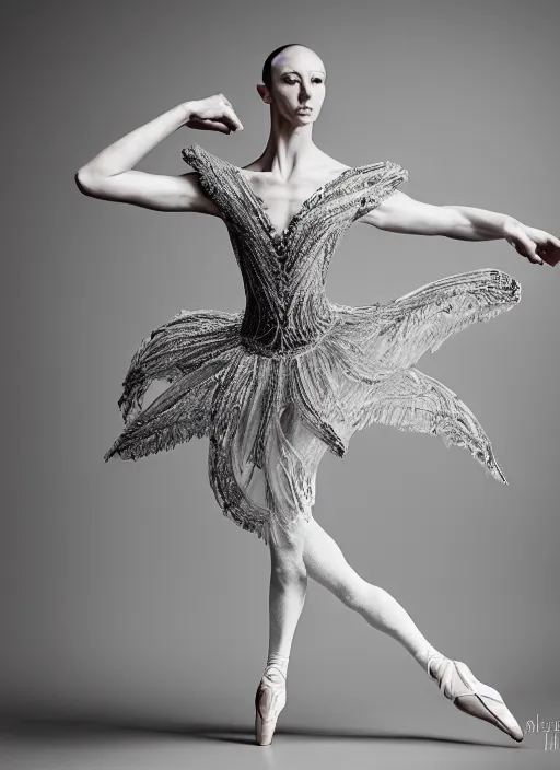 Prompt: a portrait of beautiful model ballerina wearing iris van herpen dress, by serge lutens, photorealistic, intricate details, hyper realistic, photorealistic, canon r 3, photography, symmetrical features, symmetrical pose, wide angle shot, head to toe, standing pose, feet on the ground,