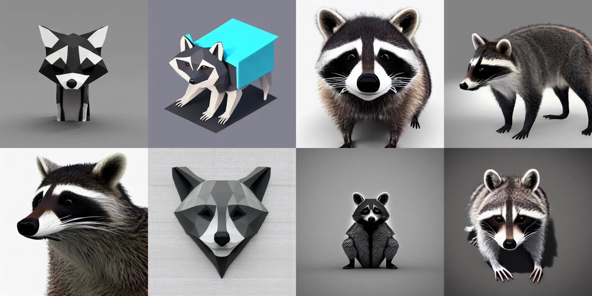 Prompt: low polygon render of a raccoon on a white background, isometric 3 d, ultra hd