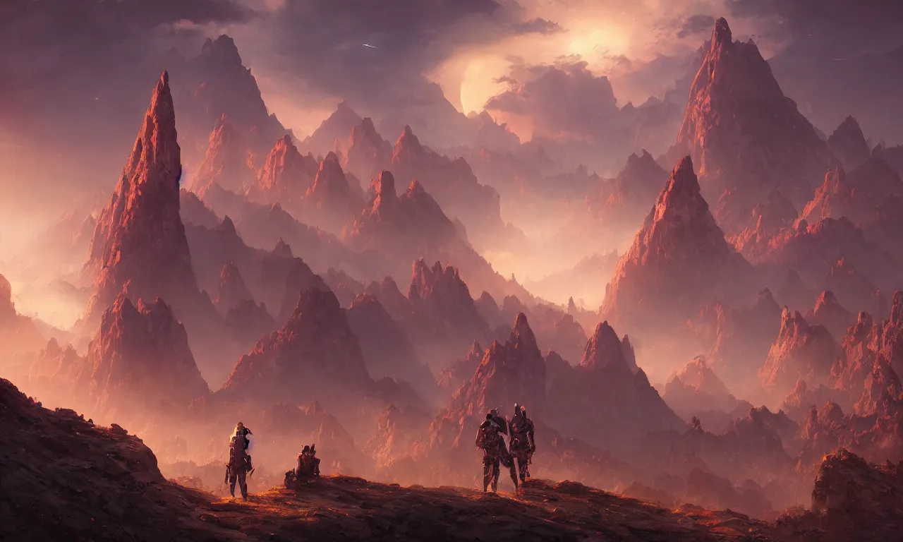 Prompt: heroine adventurer in foreground full shot, background vulcanic planet, Guillem H. Pongiluppi, Sviatoslav Gerasimchuk, Federico Pelat, dusk