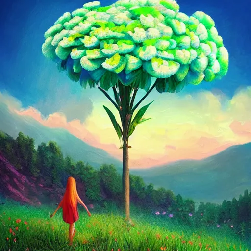 Image similar to giant carnation flower as a head, girl hiking in a lush valley, surreal photography, sunrise, dramatic light, impressionist painting, colorful clouds, digital painting, artstation, simon stalenhag