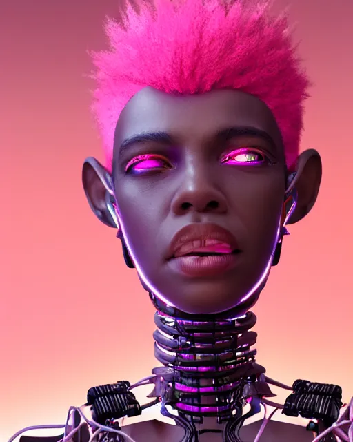 Image similar to portrait of a beautiful black woman with pink hair as a cyberpunk cyborg half robot, revealing wires and electronics, hooked - up, sci - fi, missing panels, intricate abstract upper body intricate artwork, concept art, octane render, deviantart, cinematic, key art, hyperrealism, iridescent accents, portrait photograph, nikon 3 5 mm, photograph by greg rutkowski