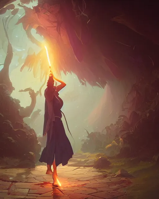 Image similar to highly detailed vfx portrait of a mage casting a light spell, unreal engine, greg rutkowski, loish, rhads, beeple, makoto shinkai and lois van baarle, ilya kuvshinov, rossdraws, tom bagshaw, alphonse mucha, global illumination, detailed and intricate environment