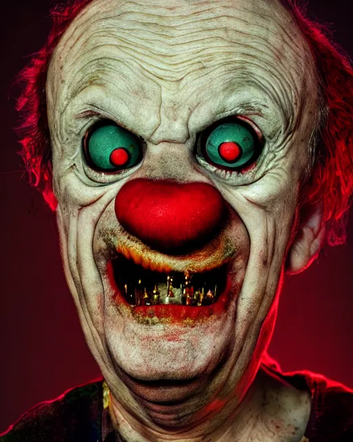 Prompt: portrait of an ugly old possessed clown crying. ugly, creepy, demonic, horror. cinematic lighting. photographic, photography. by justin roiland