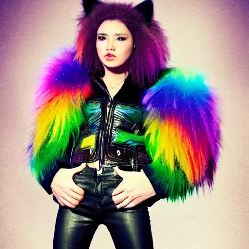 Image similar to wide angle full body, jacket wearing fluffy cute rainbow kitten wearing a black leather motorcycle jacket, concept art