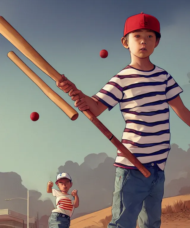 Image similar to a young boy wearing a horizontal striped shirt and a red baseball cap and jean shorts, holding a baseball bat, centered composition, digital painting, artstation, concept art, sharp focus, octane render, illustration, art by geof darrow,