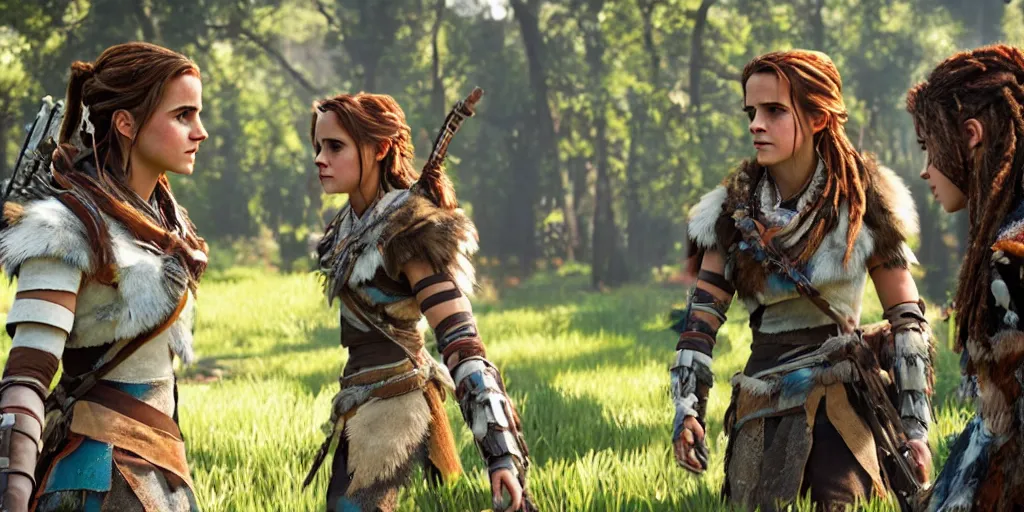 Prompt: Movie still of Emma Watson in Horizon: Zero Dawn, live action