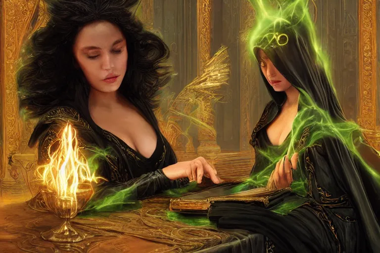 Prompt: a beautiful sorceress wearing a black robe with gold embroidery, sitting at table, casting a spell, green glows, painted by artgerm and john williams waterhouse, in the style of magic the gathering, highly detailed digital art