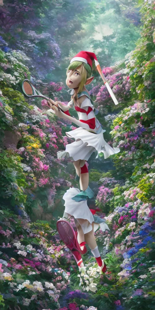 Image similar to An elf playing tennis on a tennis court made of flowers,Japanese anime style, gorgeous atmosphere, full of details, matte painting, concept art, smooth, by Shinkai Makoto and Ina Wong and wlop ，trending on cgsociety and artstation，8kHDR，light effect