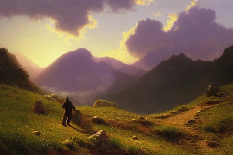 Image similar to a traveler wandering trough the mountains looking at the clouds, very detailed, oil painting, cinematic lighting, albert bierstadt, trending on artstation, colorful, canvas, sunset, theodor kittelsen, hans dahl