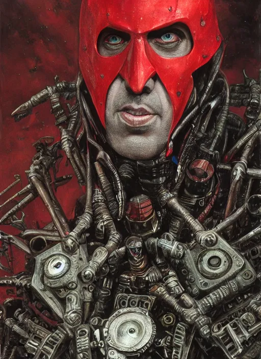 Image similar to portrait of rotten Nicolas Cage as adeptus mechanicus in red hood and robe from Warhammer 40000. Highly detailed, artstation, illustration by and John Blanche and zdislav beksinski and wayne barlowe and Gustav Klimt