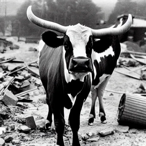 Image similar to ww 2 photograph of a buff cow staring at the camera, building rubble