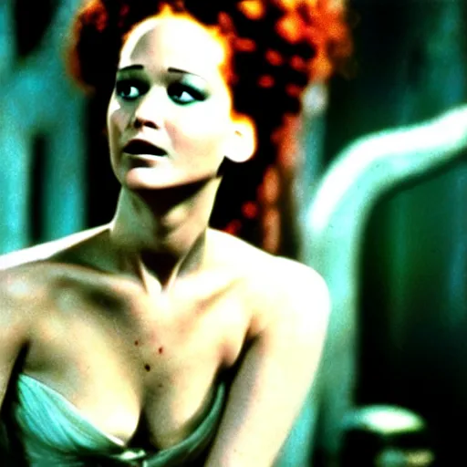 Image similar to jennifer lawrence, color photography, sharp detail, still from the movie bride of frankenstein