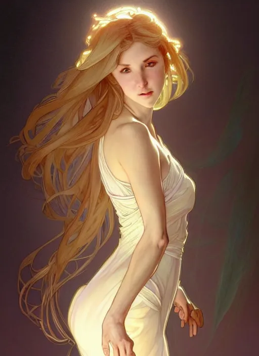 Prompt: digital character concept art by artgerm and greg rutkowski and alphonse mucha. clear portrait of a modern young wife blessed by god to uncontrollably grow more perfect and fertile!! blonde, in clothes! feminine well - formed holy body!! light effect. hyper detailed, glowing lights!! intricate, elegant, digital painting, artstation, smooth, sharp focus