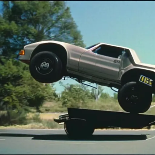 Prompt: movie still of the knight rider jumping over a truck