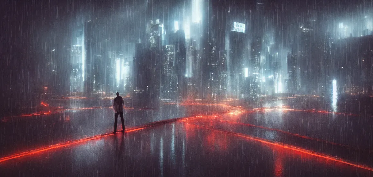 Image similar to shot of the roof with single man sitting on the edge during rain, below impressive cyberpunk night city during great rainy storm with lightning, nightscape, futuristic architecture, realistic photo, neons, blade runner, akira style, cinematic lighting, cinematic angles