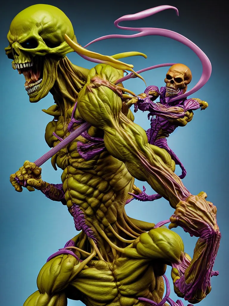 Prompt: hyperrealistic rendering, skeletor by bernie wrightson and killian eng and joe fenton, product photography, action figure, sofubi, studio lighting, colored gels