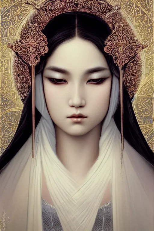 Image similar to ultra realist and ultra intricate detailed soft painting of a beautiful neko kawai nun in religious clothing, thin lustrous hair, symmetry features, sensual gloomy style, soft painting, volumetric clouds, fantasy background, artstation, Tom Bagshaw artstyle, unreal render, depth of field