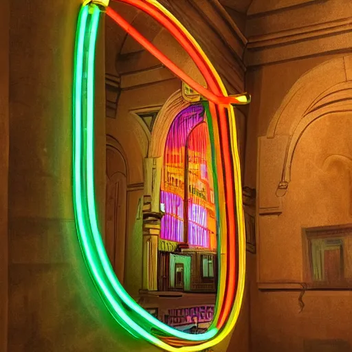 Prompt: renaissance statue surrounded by a neon frame, highly detailed