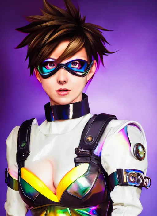 Image similar to hyperrealistic style portrait of tracer overwatch, confident pose, wearing black iridescent rainbow latex, rainbow, neon, 4 k, expressive happy smug expression, makeup, in style of mark arian, wearing detailed black leather collar, wearing sleek armor, black leather harness, expressive detailed face and eyes,