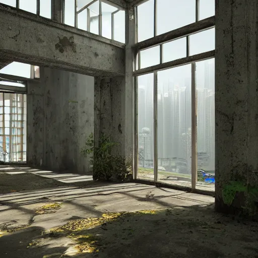 Image similar to interior of a building in an overgrown abandoned hong kong, light pouring through the windows, deserted and decaying concrete, unreal engine 5, raytracing, artstation, 8k