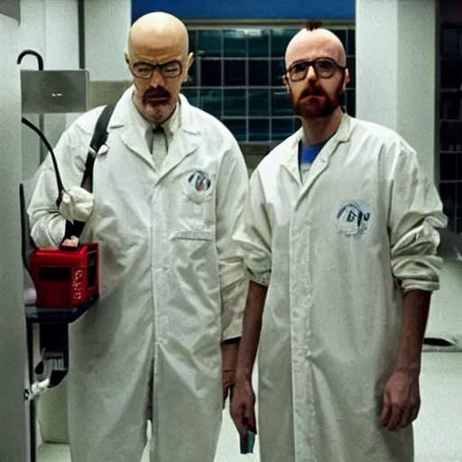 Image similar to walter white and jessie pinkman in gus frings underground laboratory