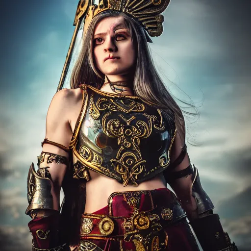 Prompt: a female valkryie, pronounced nordic feminine features, midriff, ornate metal chest plate with nordic religious decorations, low dutch angle, face in focus, natural lighting, realism, feminine and muscular