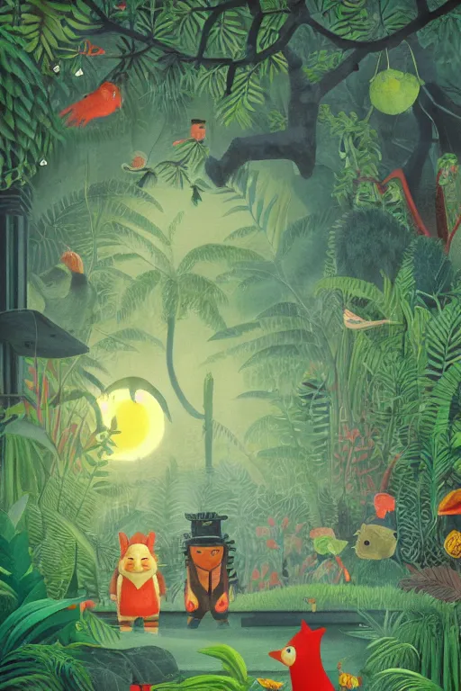 Image similar to rare bird in the jungle, night, stars, highly detailed, unreal engine render concept art, style of henri rousseau and richard scarry and hiroshi yoshida