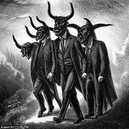 Image similar to The patriarch and the president and the general are walking three of them out of the gates to hell, it's dark around, they have horns, lightning in the sky, the infernal underworld, the state is on fire,