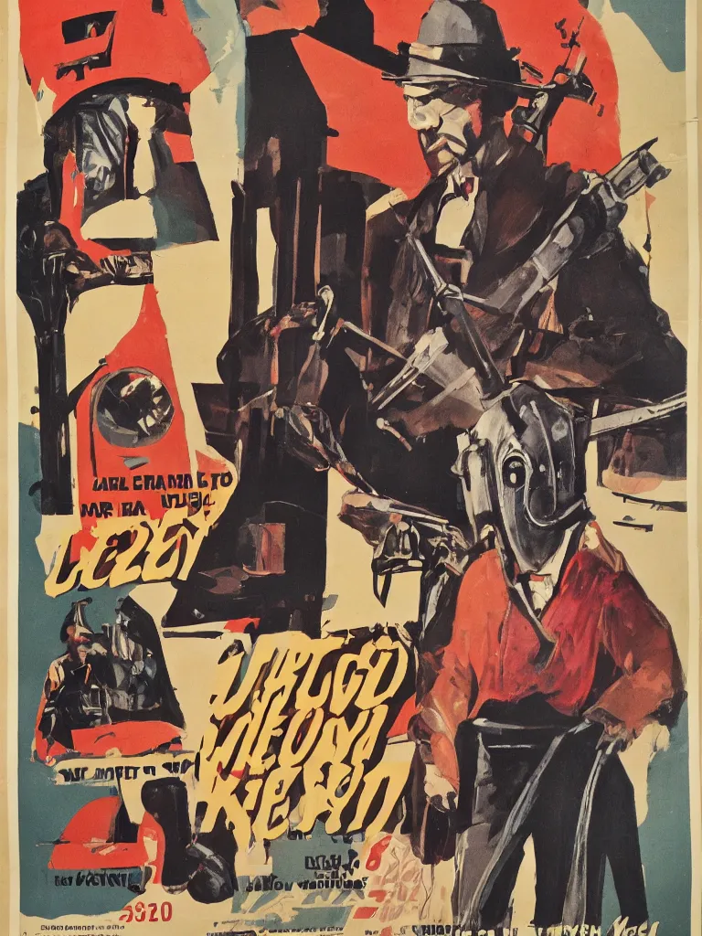 Prompt: a 60s western poster featuring a filmmaker dressed in ned kelly iron chicken armour