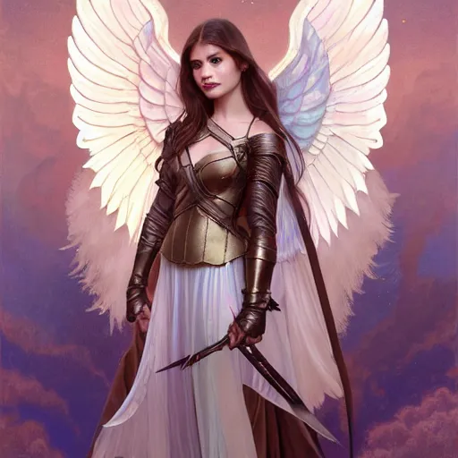 Image similar to portrait of young aasimar angel girl maiden wearing comfy leather armor with beautiful feathered angel wings, cute face, brown eyes, Alison Williams, Emma Roberts, by artgerm and greg rutkowski and alphonse mucha and andrei riabovitchev and Rossdraws and Bluesssatan and Mandy Jurgens and Stjepan Sejic, 4k oil on linen, vivid colors, colorful, photorealistic, high dynamic range, HDR, intricate, elegant, highly detailed, digital painting, artstation, concept art, smooth, sharp focus, illustration, mid-shot, medium shot, hyperdetailed