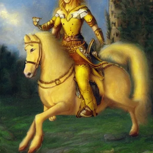 Image similar to blonde warrior princess riding a large yellow furry house cat, high detail,